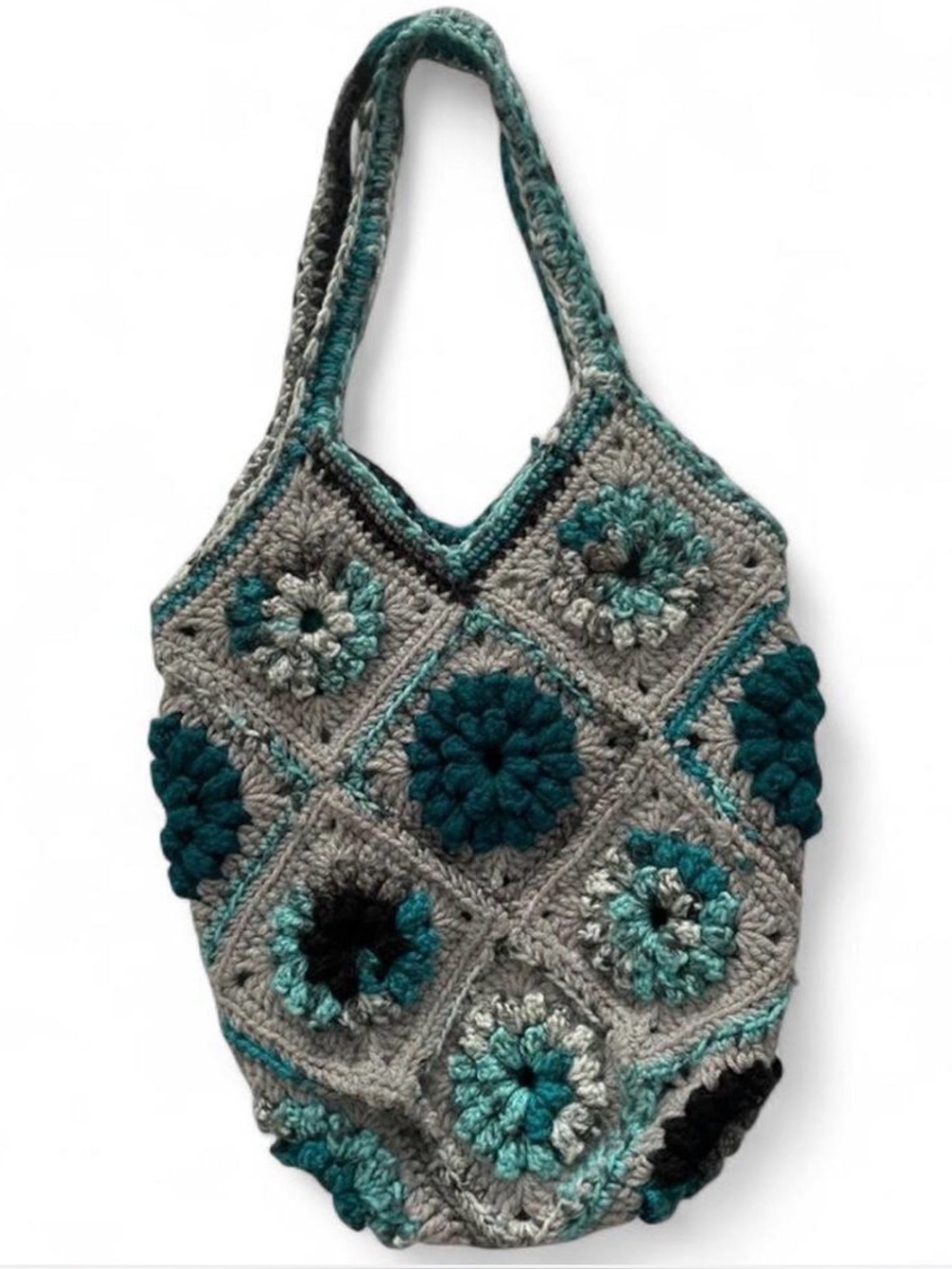 Crochet Vintage Homemade Granny Square Purse Boho Hippie Grey Teal